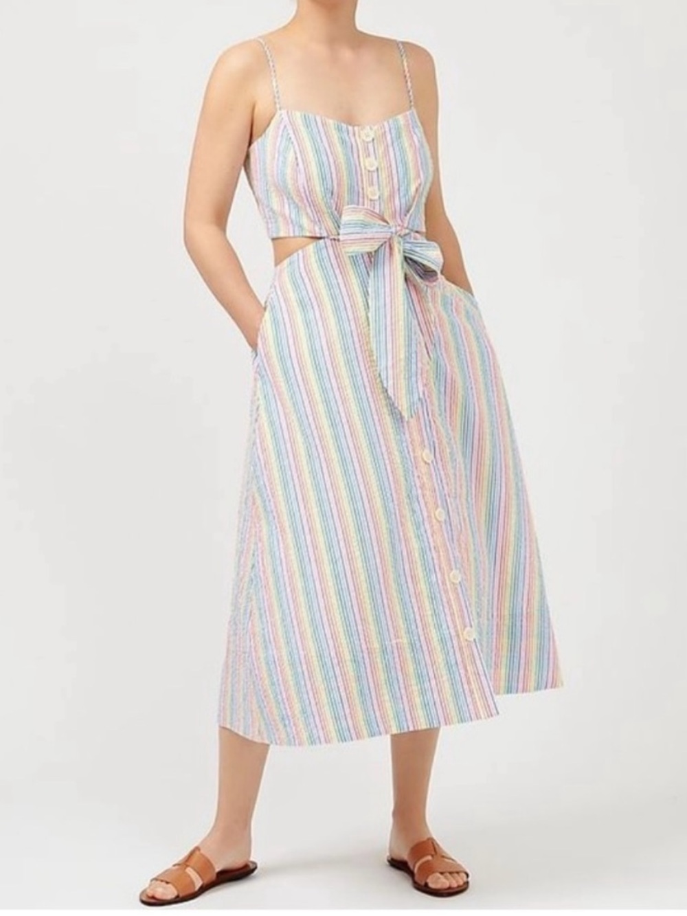 J. Crew Side Cut Out Sleeveless Midi Rainbow Stripes Seersucker Preppy Dress 0